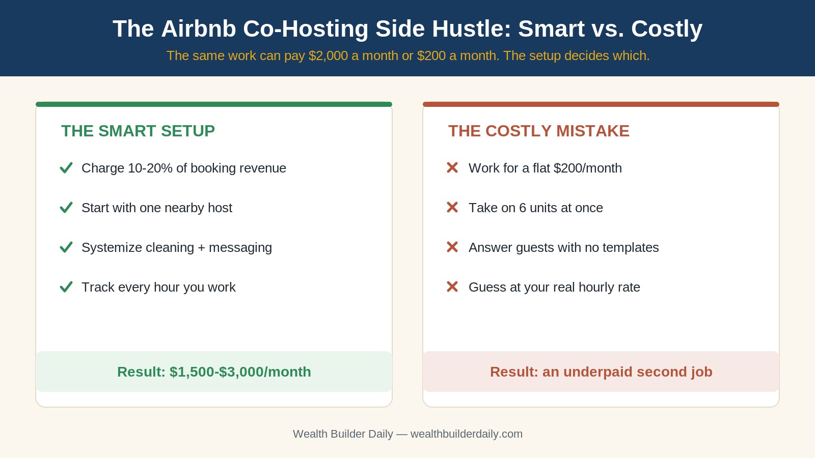 Airbnb co-hosting side hustle comparison showing the smart setup versus the costly mistake