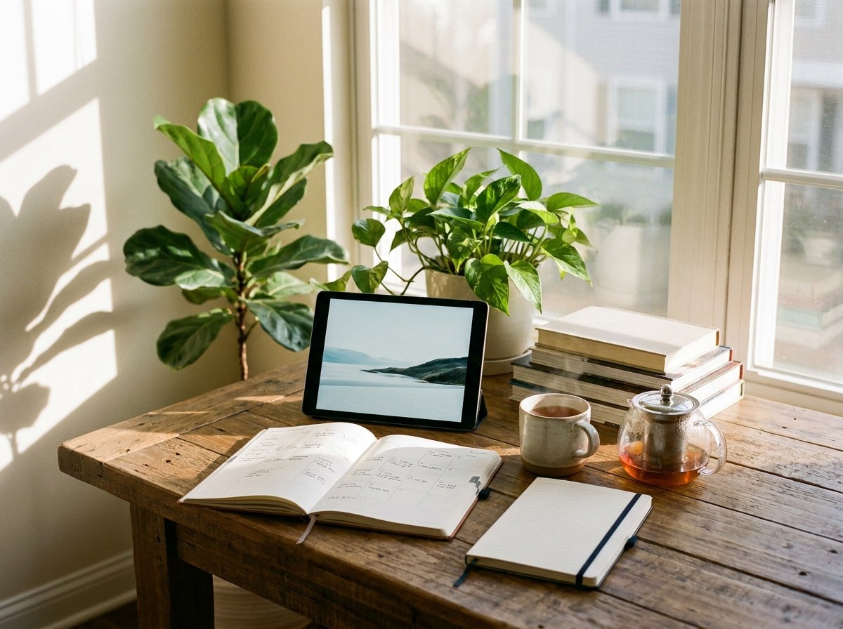 A calm work-from-home setup for a bookkeeping side hustle with planner, notebook, and tablet