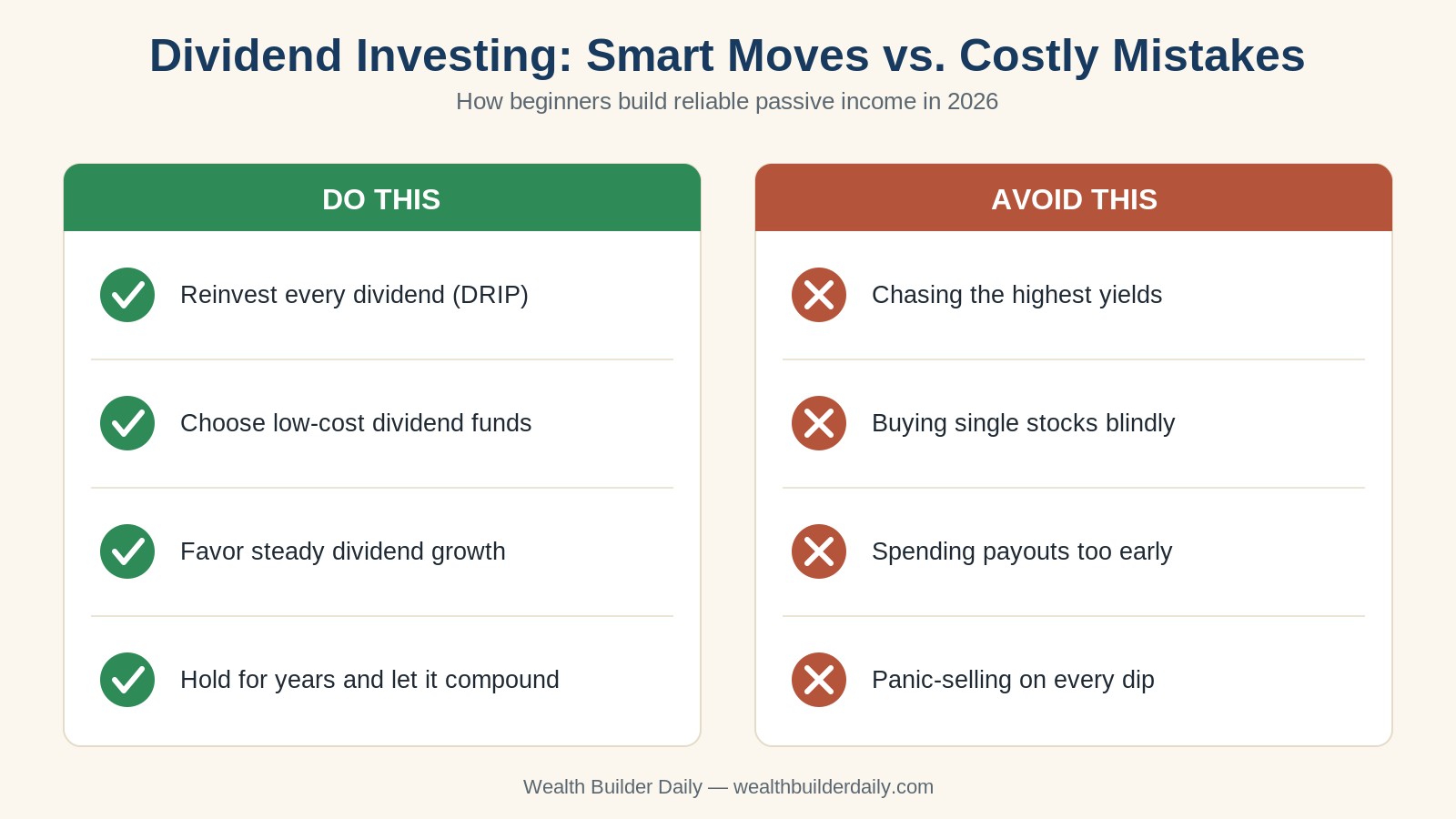 Dividend investing for beginners infographic comparing smart moves versus costly mistakes