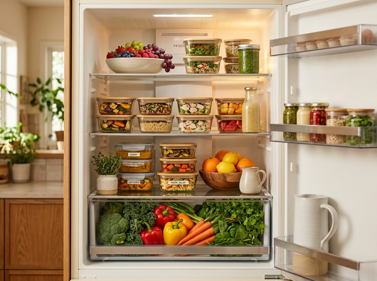 Organized refrigerator showing the result of a well-planned grocery budget