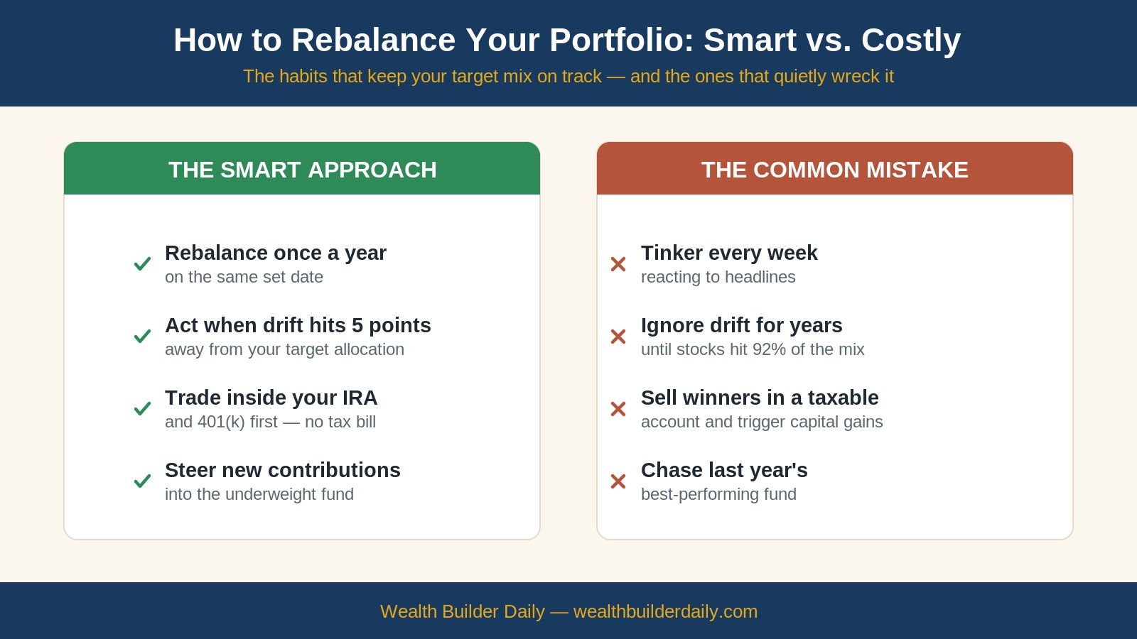 Concept comparison infographic showing the smart way to rebalance your portfolio versus common rebalancing mistakes