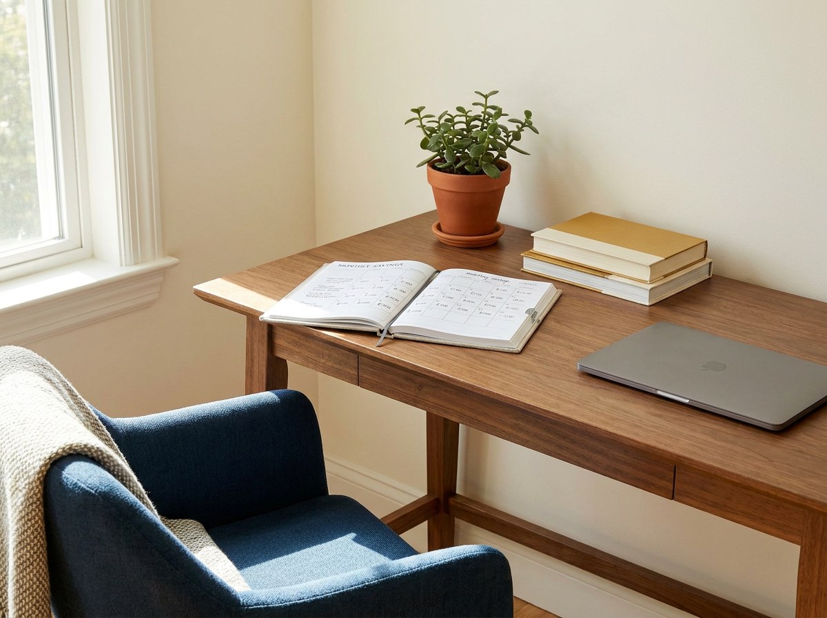 Organized home office showing a household that avoided lifestyle creep and kept fixed costs flat
