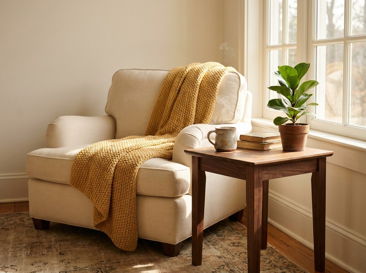 Calm sunlit reading nook with an armchair and morning tea representing the peace of mind that comes with low investment fees and an automated portfolio