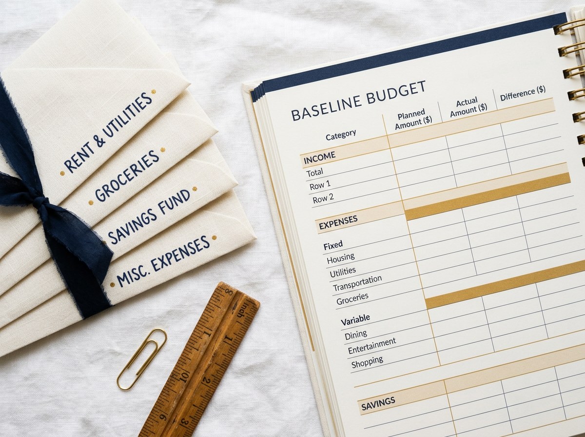 Contextual view of irregular income budgeting — baseline budget worksheet and envelopes