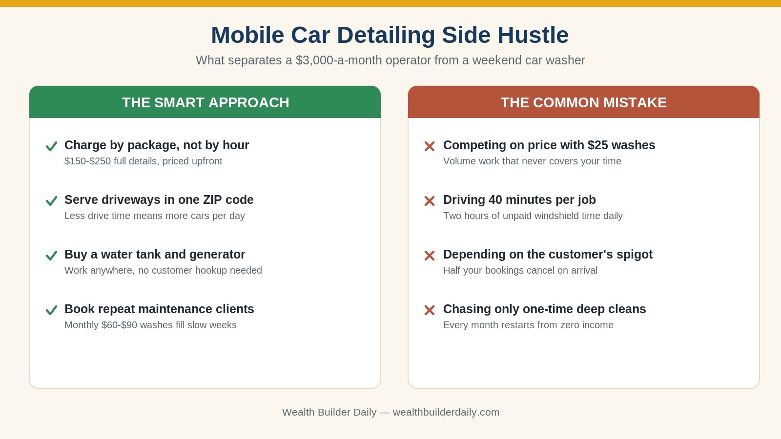 Smart mobile car detailing side hustle pricing habits compared to the common mistakes that keep beginners underpaid