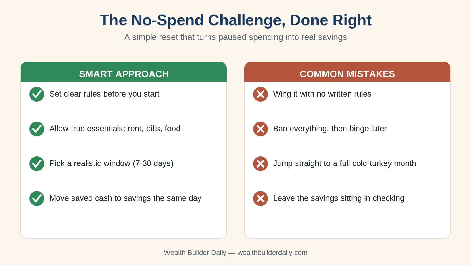 No-spend challenge smart approach versus common mistakes comparison