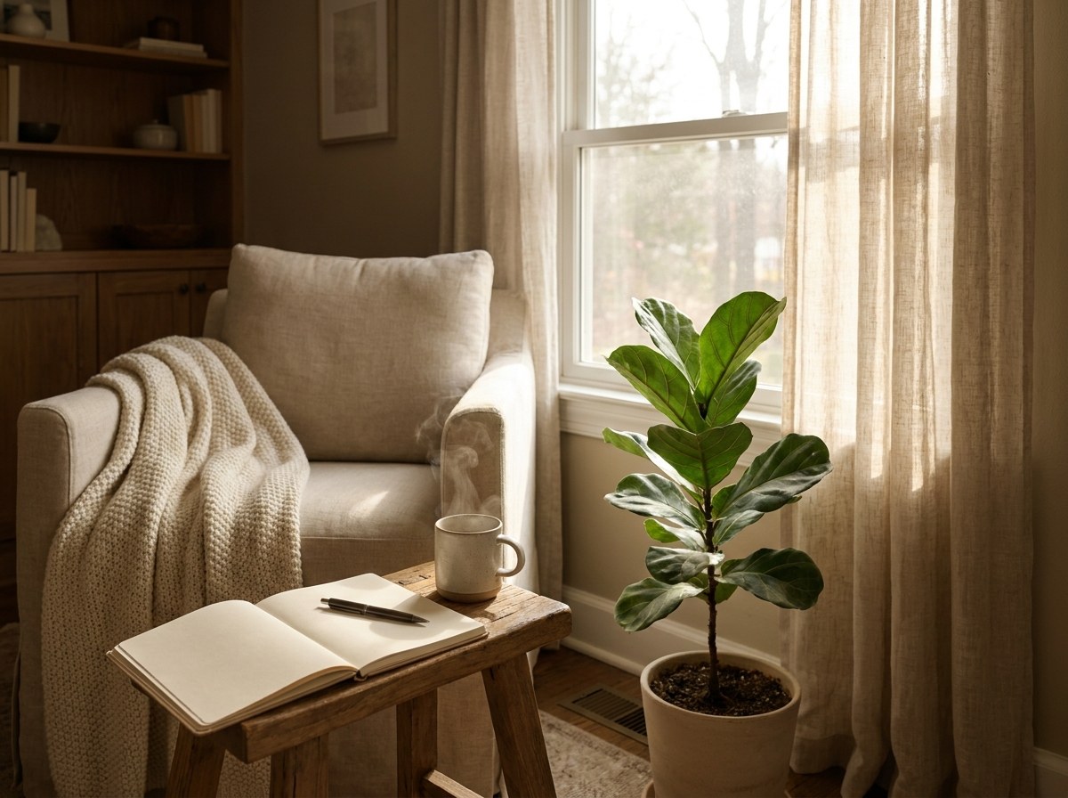 A calm, organized home corner showing the payoff of a no-spend challenge