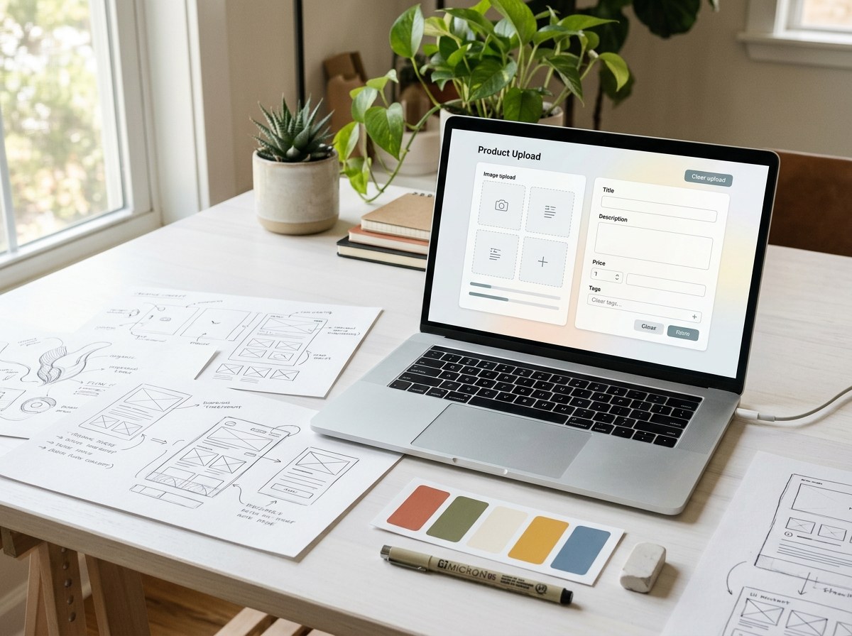 Contextual view of print-on-demand setup — product upload process and design workflow