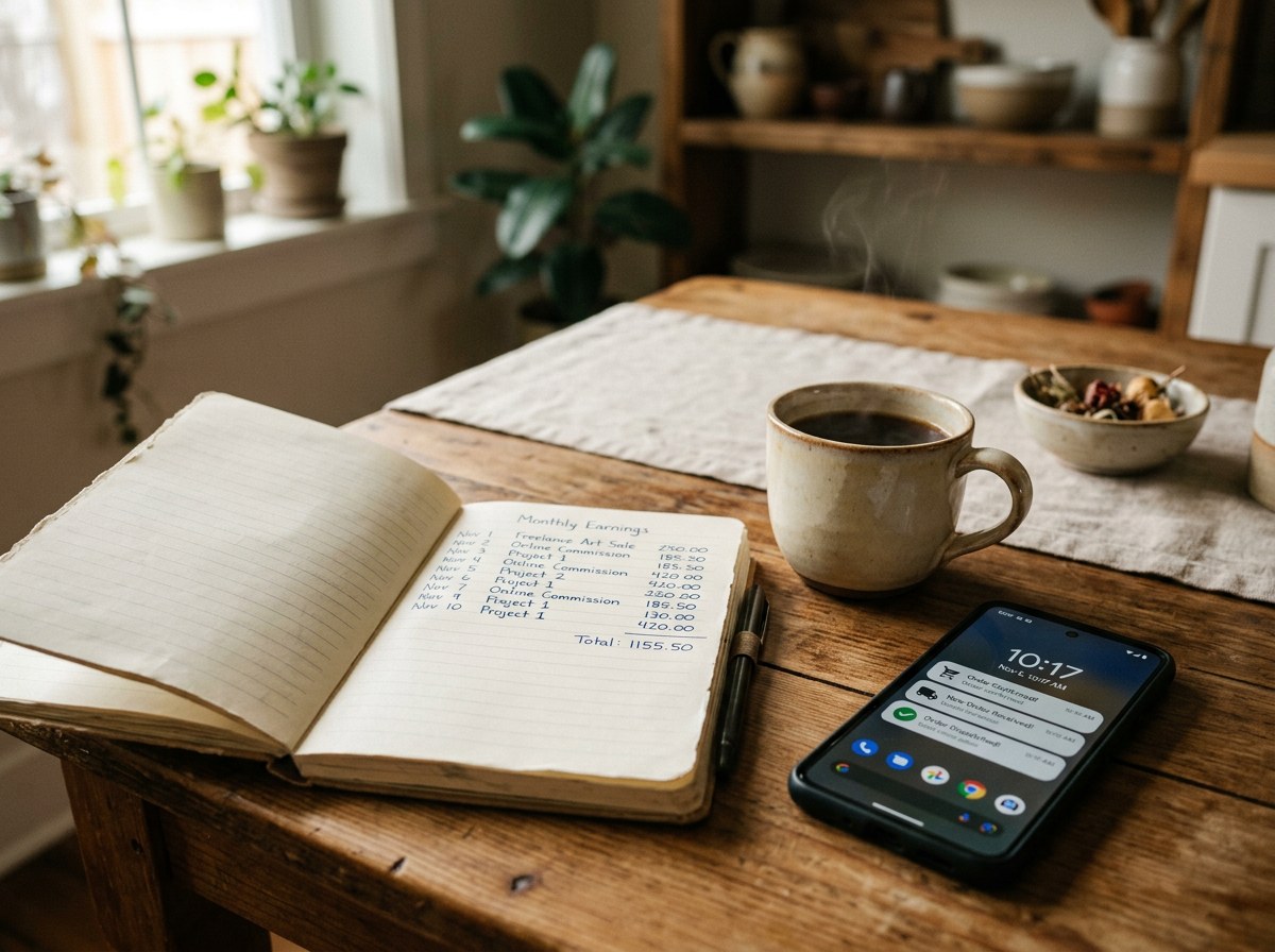 Lifestyle view of print-on-demand income — monthly earnings notebook and order notifications