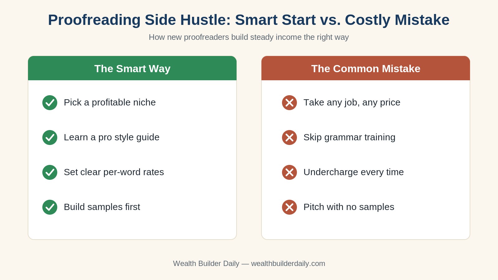 Proofreading side hustle smart start versus common mistake comparison chart