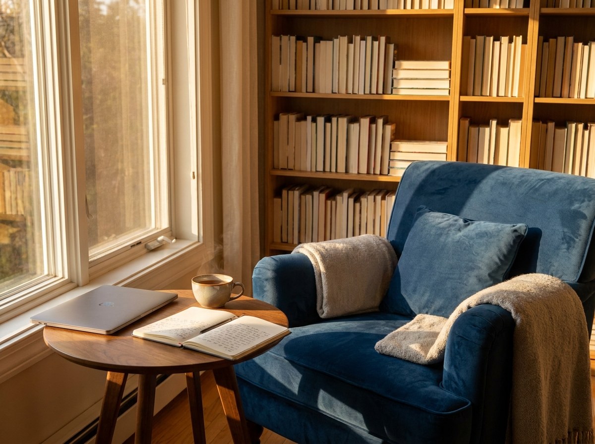 Calm work from home reading nook showing the proofreading side hustle lifestyle