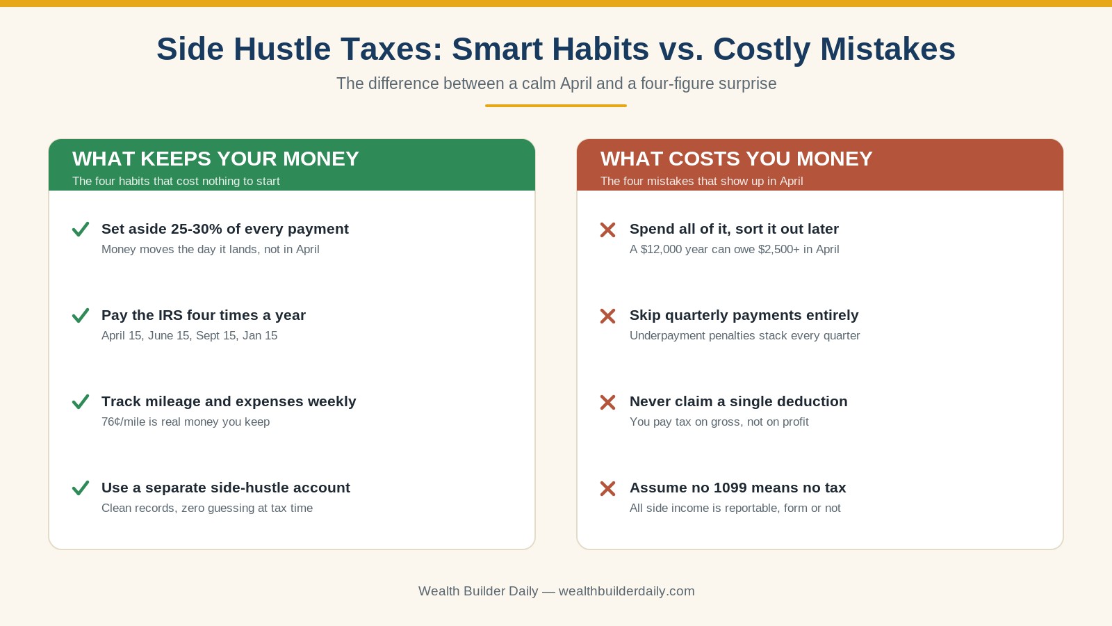 Side hustle taxes comparison showing smart set-aside habits versus costly mistakes
