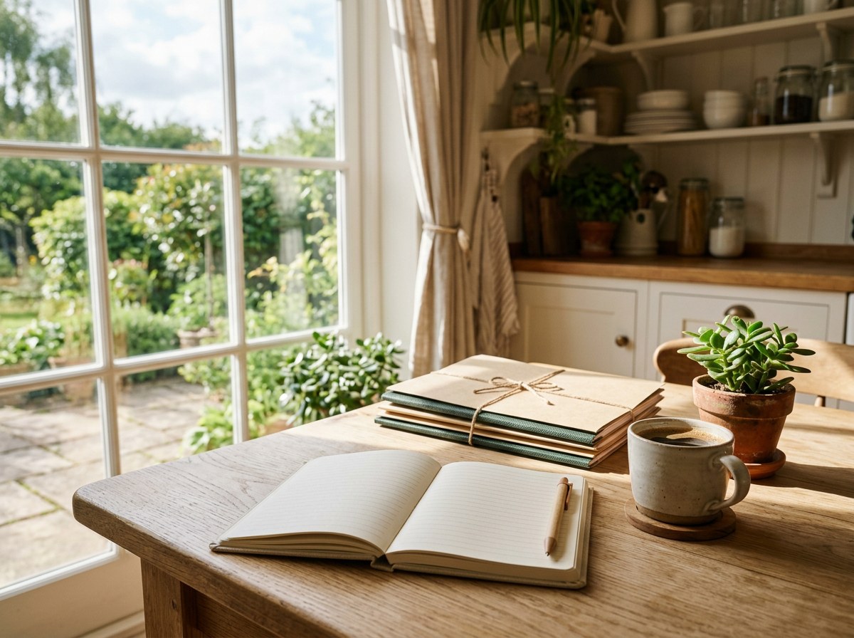 A calm, organized home workspace showing the result of planned savings — sinking fund budgeting system