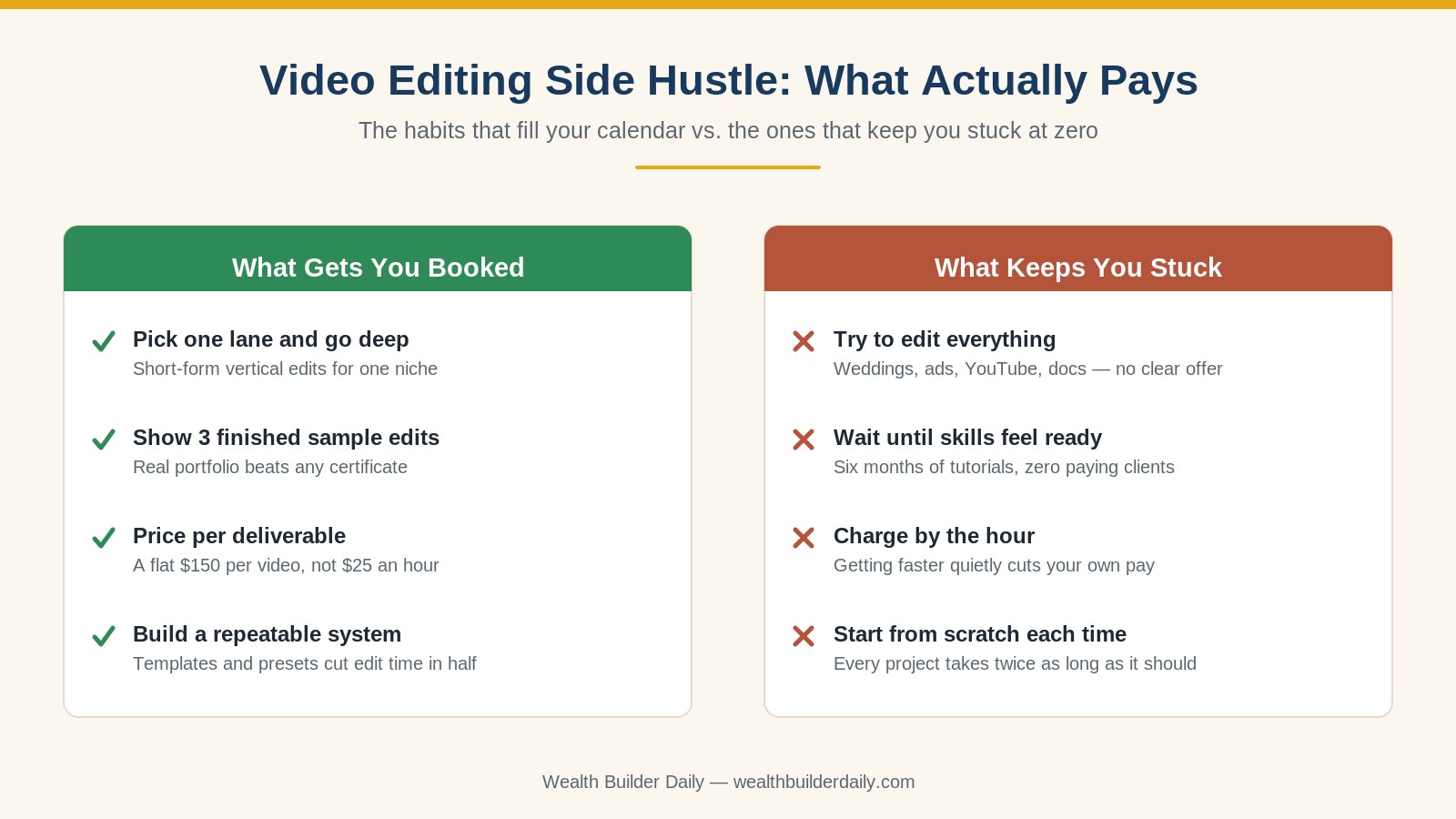 Video editing side hustle comparison showing what gets editors booked versus what keeps them stuck